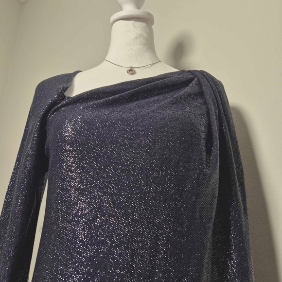 Ramy Brook Shimmering Navy Metallic Sparkly Draped Knit Top S - Picture 9 of 14